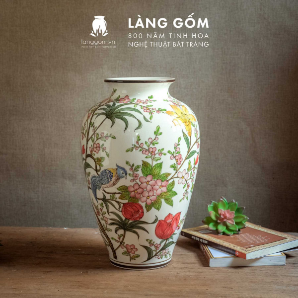 Lọ hoa vẽ tay men màu họa tiết hoa đào