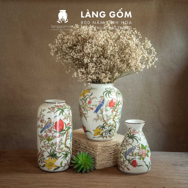 Lọ hoa vẽ tay men màu họa tiết hoa đào