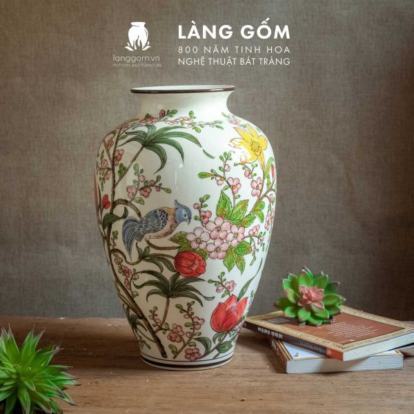 Lọ hoa vẽ tay men màu họa tiết hoa đào