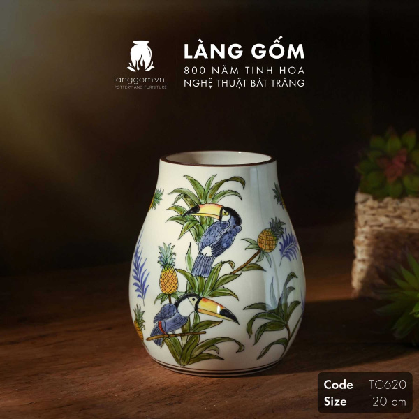Lọ hoa vẽ tay men màu họa tiết chim Tu căng