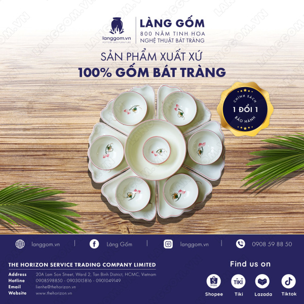 Bộ bàn ăn mặt trời men trắng họa tiết cỏ may mắn 